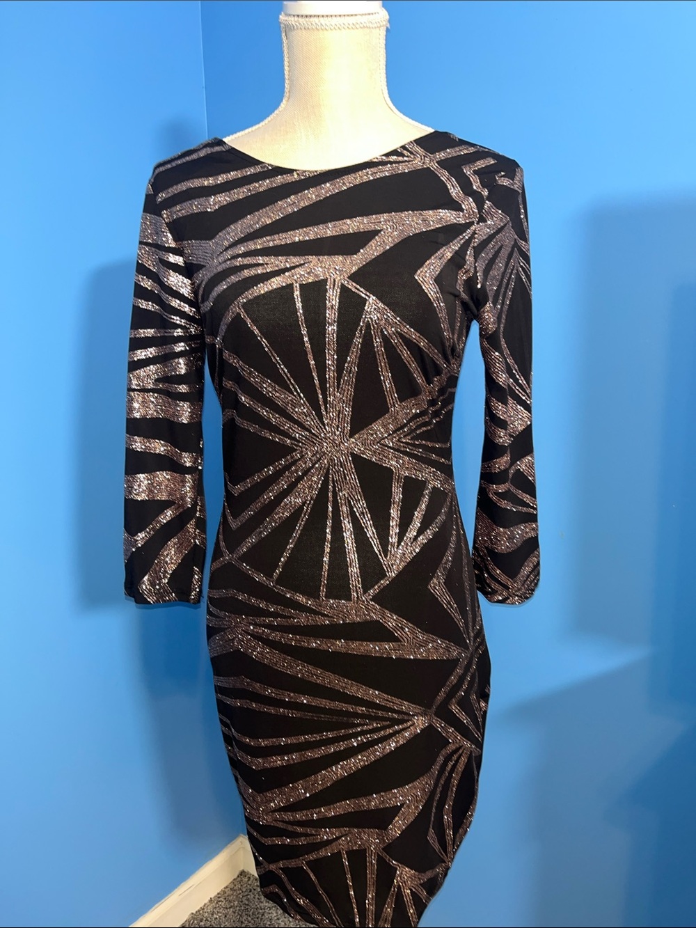 privy Black Dress with Metallic Bronze Geometric Accents - Long Sleeve, Size L